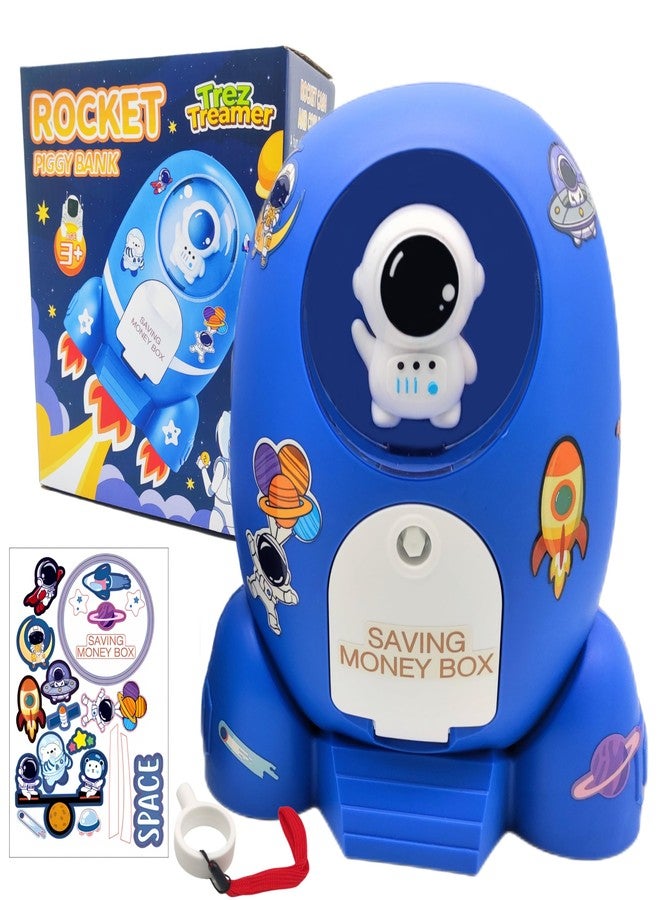 Trez Treamer Rocket Ship Piggy Bank for Boys Money Safe Astronaut Piggy Banks for Kids Cash Coin Can ATM Bank Coin Money Bank for Kids with Key Astronaut Sticker Practical Gifts for Children Boys and Girls (Blue) - Image 1